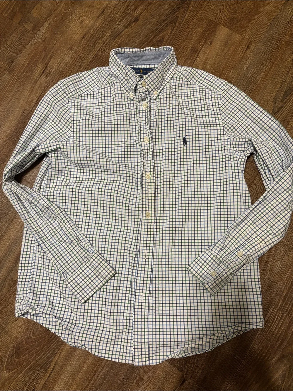 Boy’s Ralph Lauren White Button-Up Shirt with Blue and Green Windowpane Check